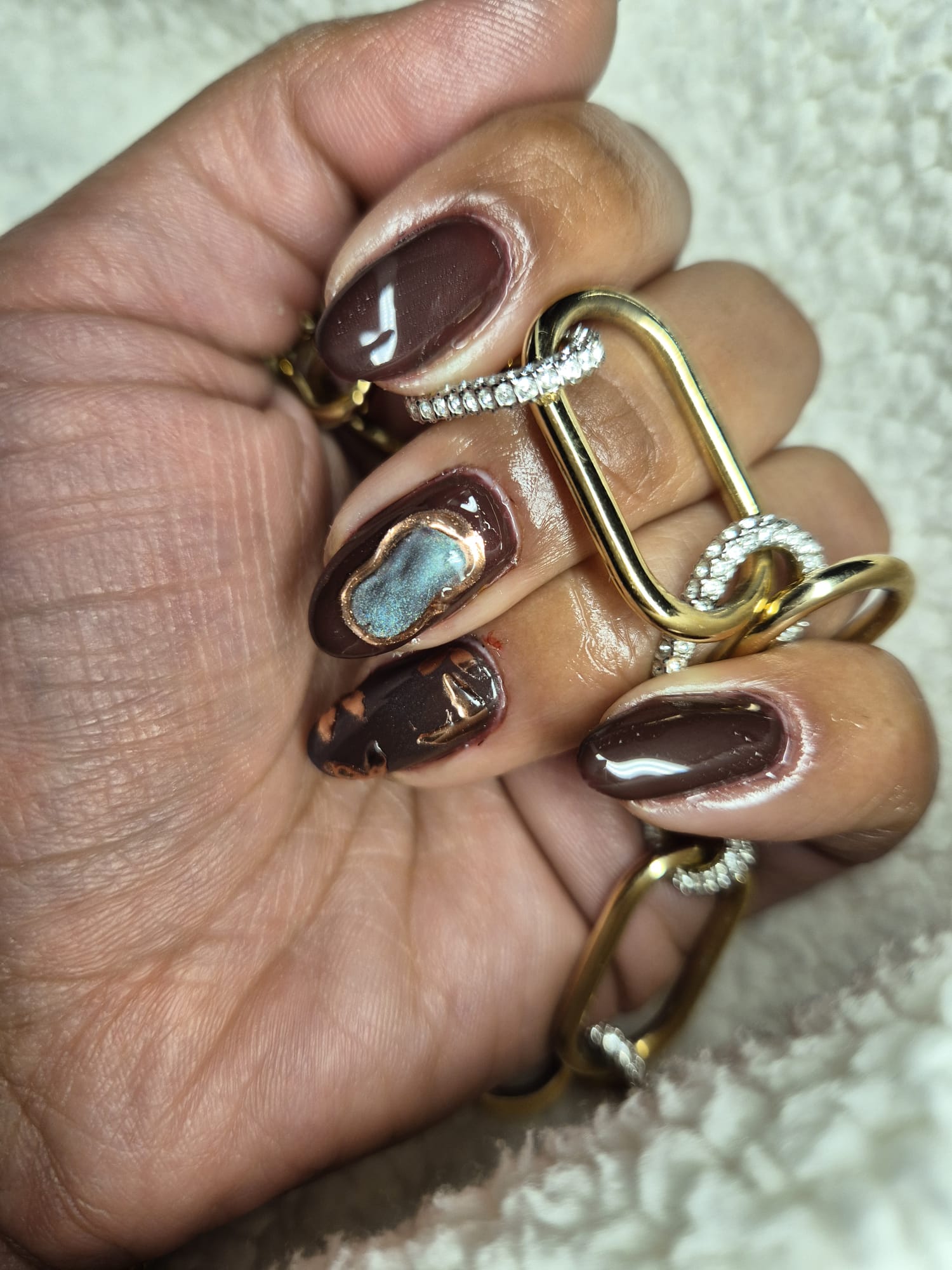 Chocolate design with druzy geode crystal accent nail