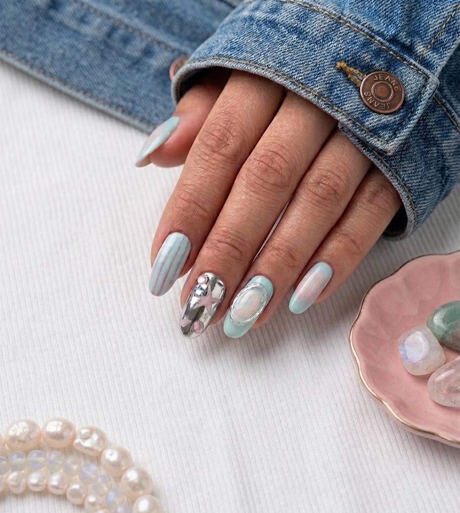 Mint chrome almond design styled with denim and pearls