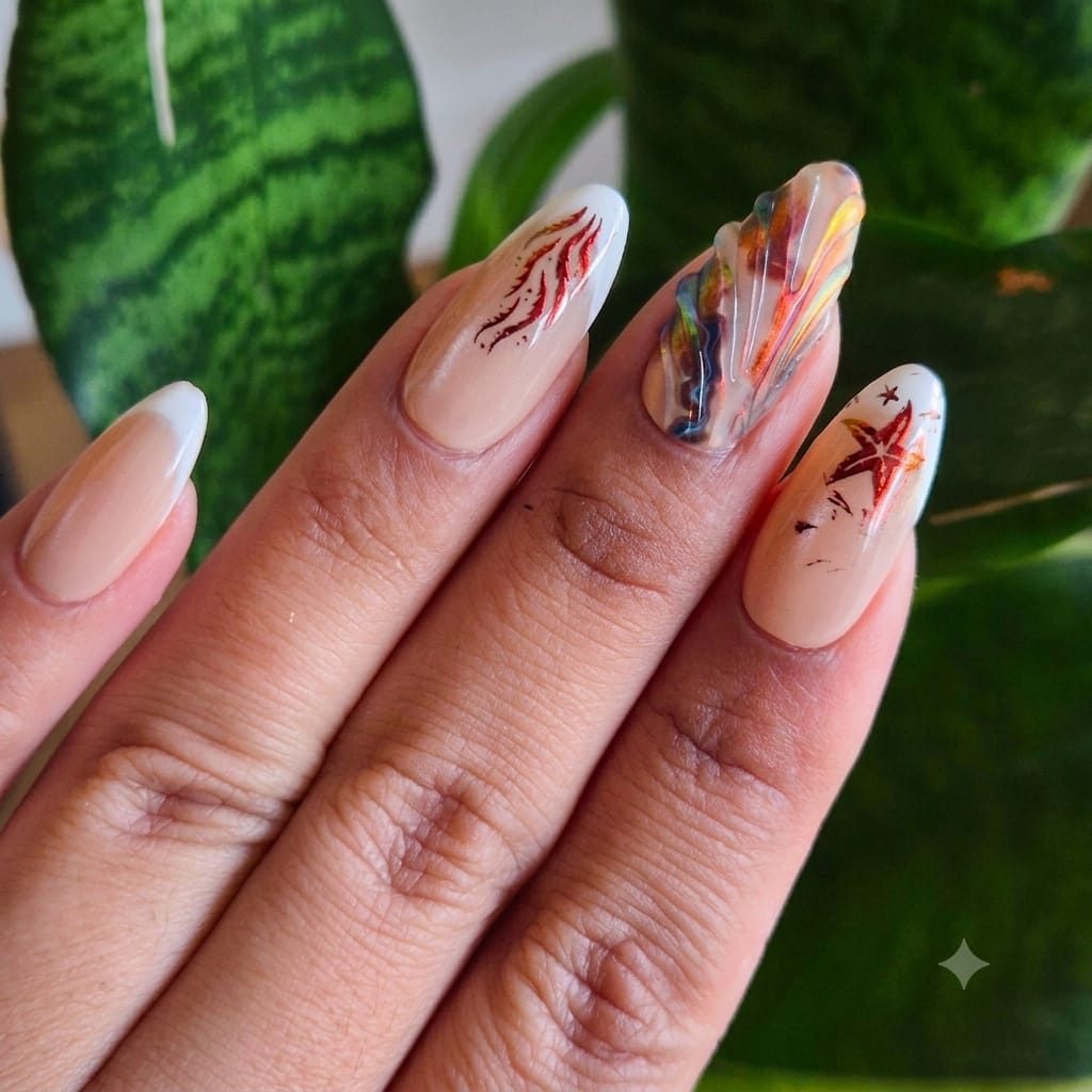 Nude almond nails with rust starfish and iridescent shell accent