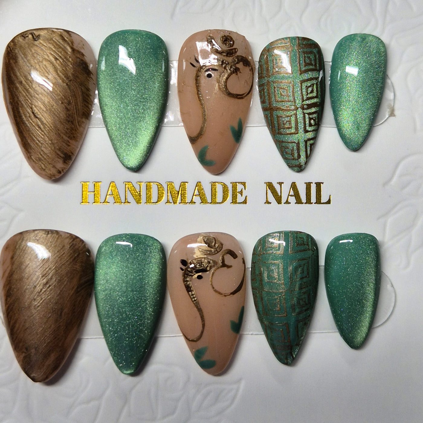 Emerald press-on set with hand-painted gold Om