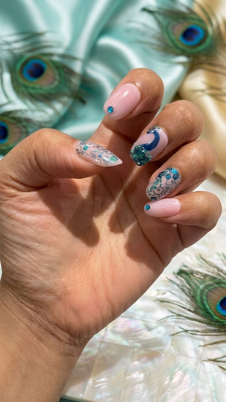 Press-on set with hand-painted teal peacock