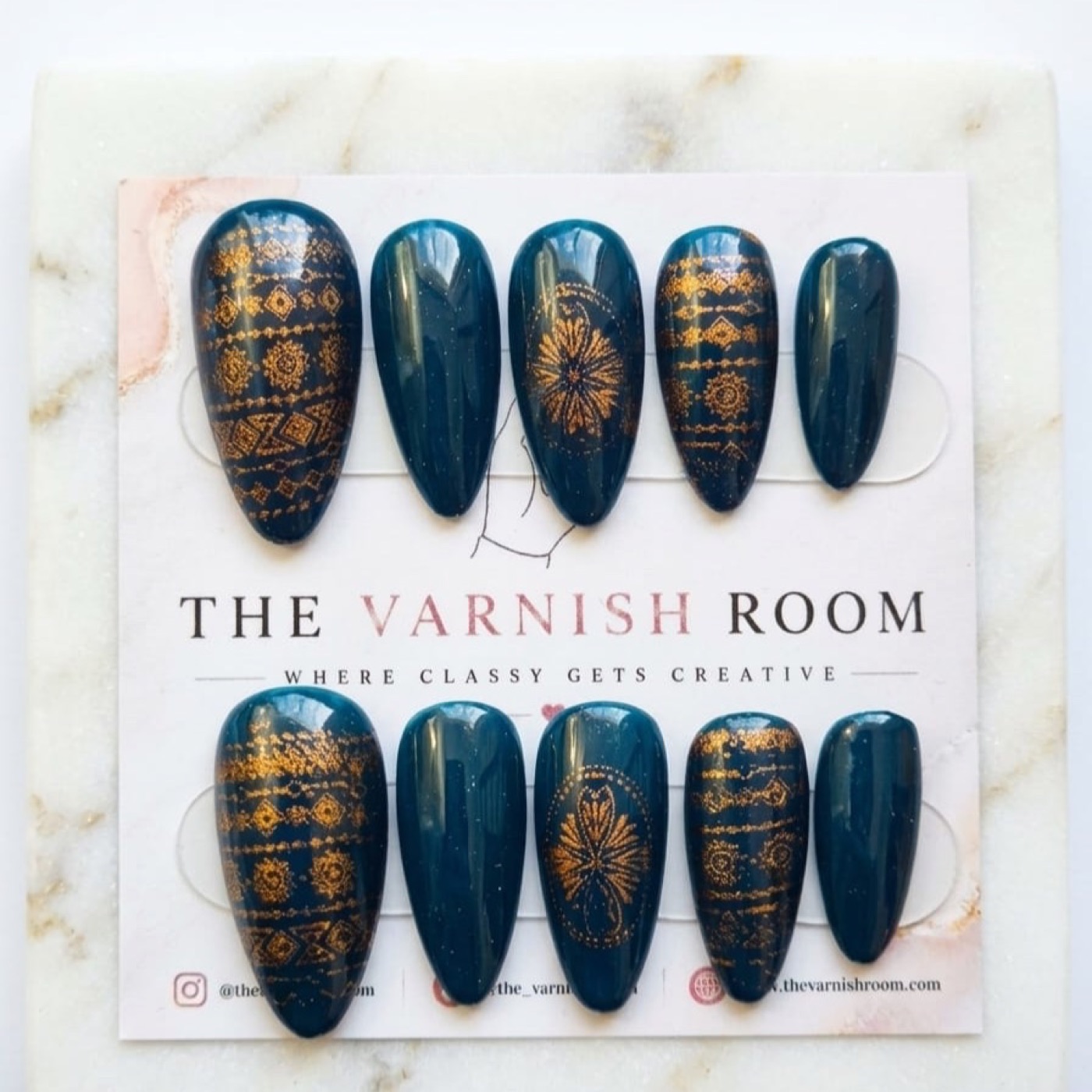 Temple Teal — hand-painted press-on nail set by The Varnish Room