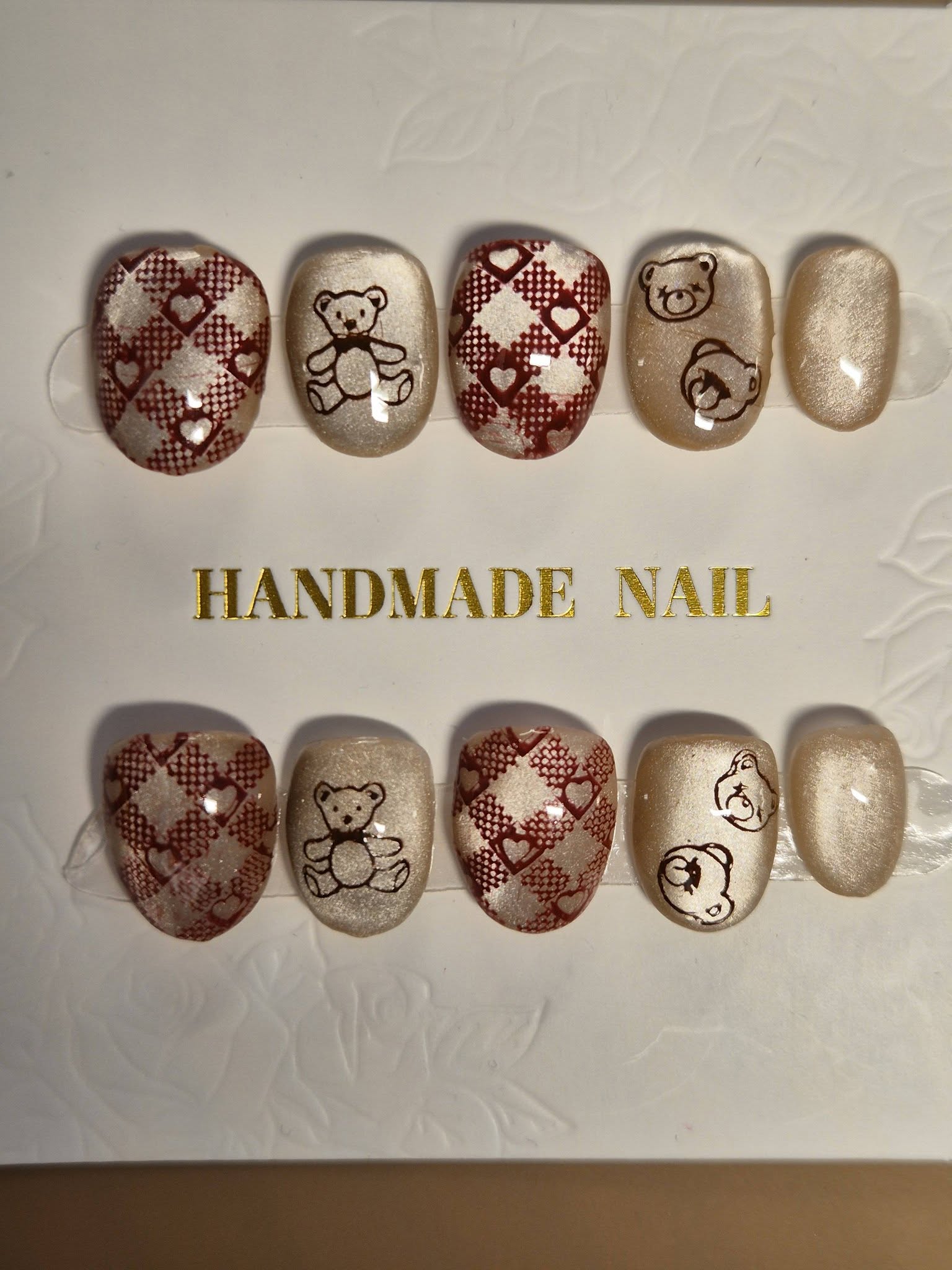 Press-on nail set with tartan hearts and teddy bears